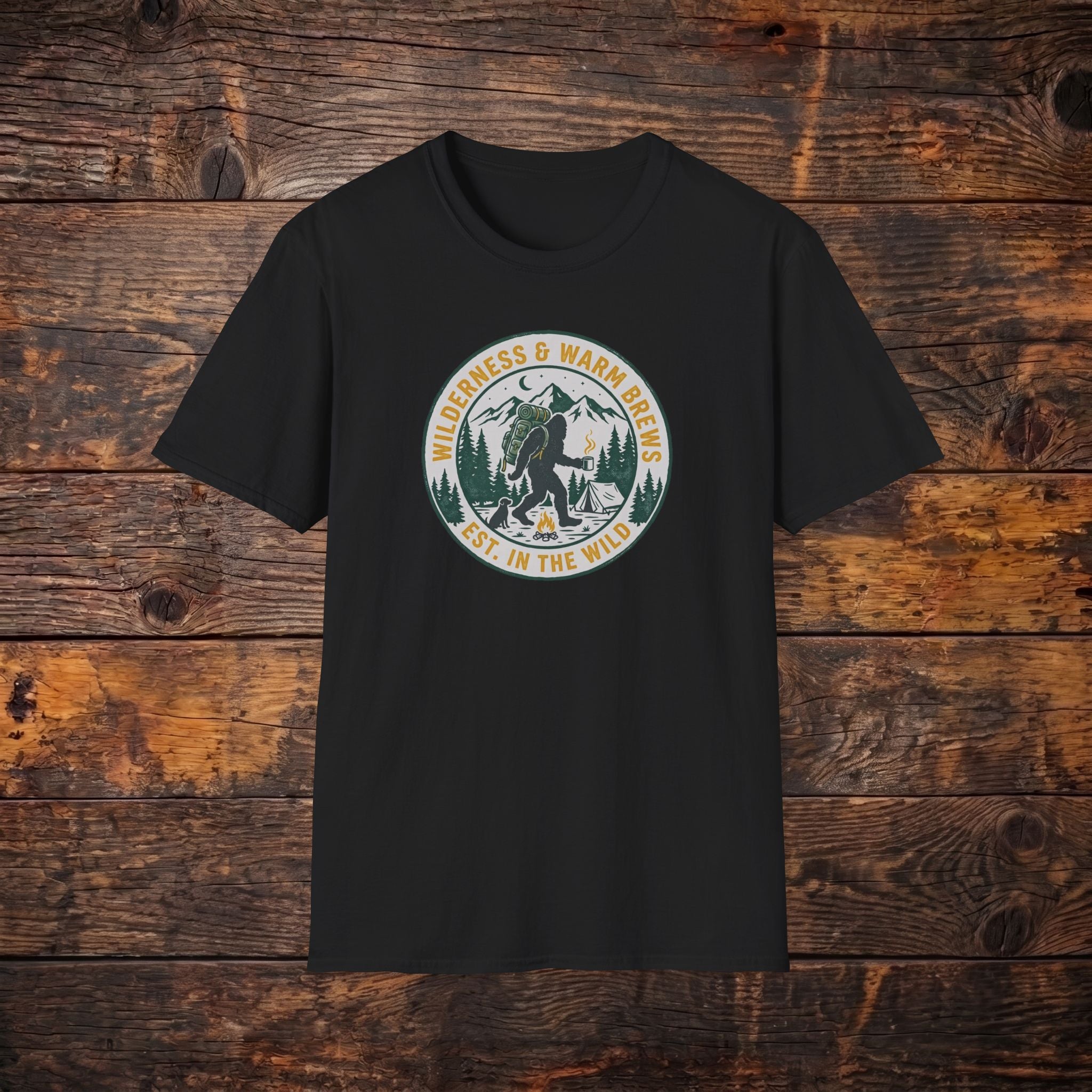 Camping Bear Badge T-Shirt — "Wilderness & Warm Brews" Outdoor Graphic Tee