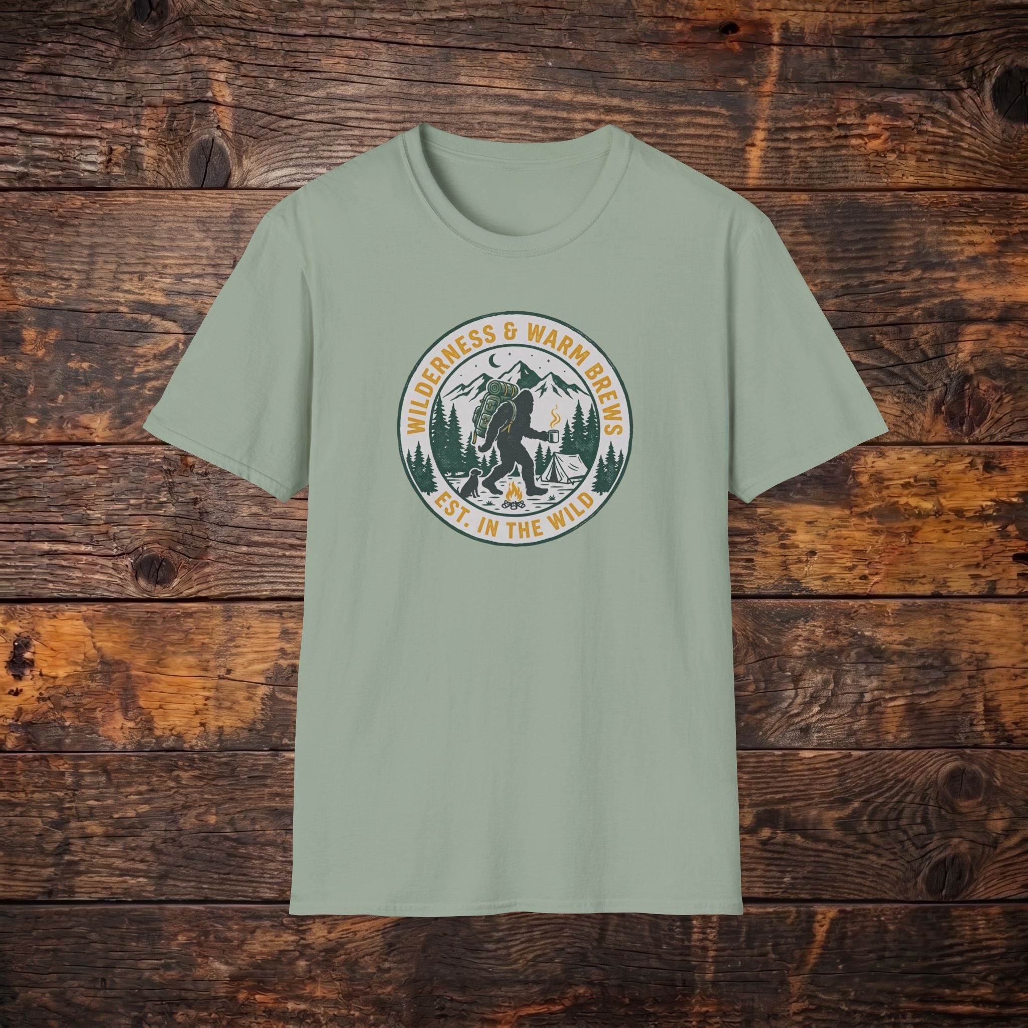 Camping Bear Badge T-Shirt — "Wilderness & Warm Brews" Outdoor Graphic Tee