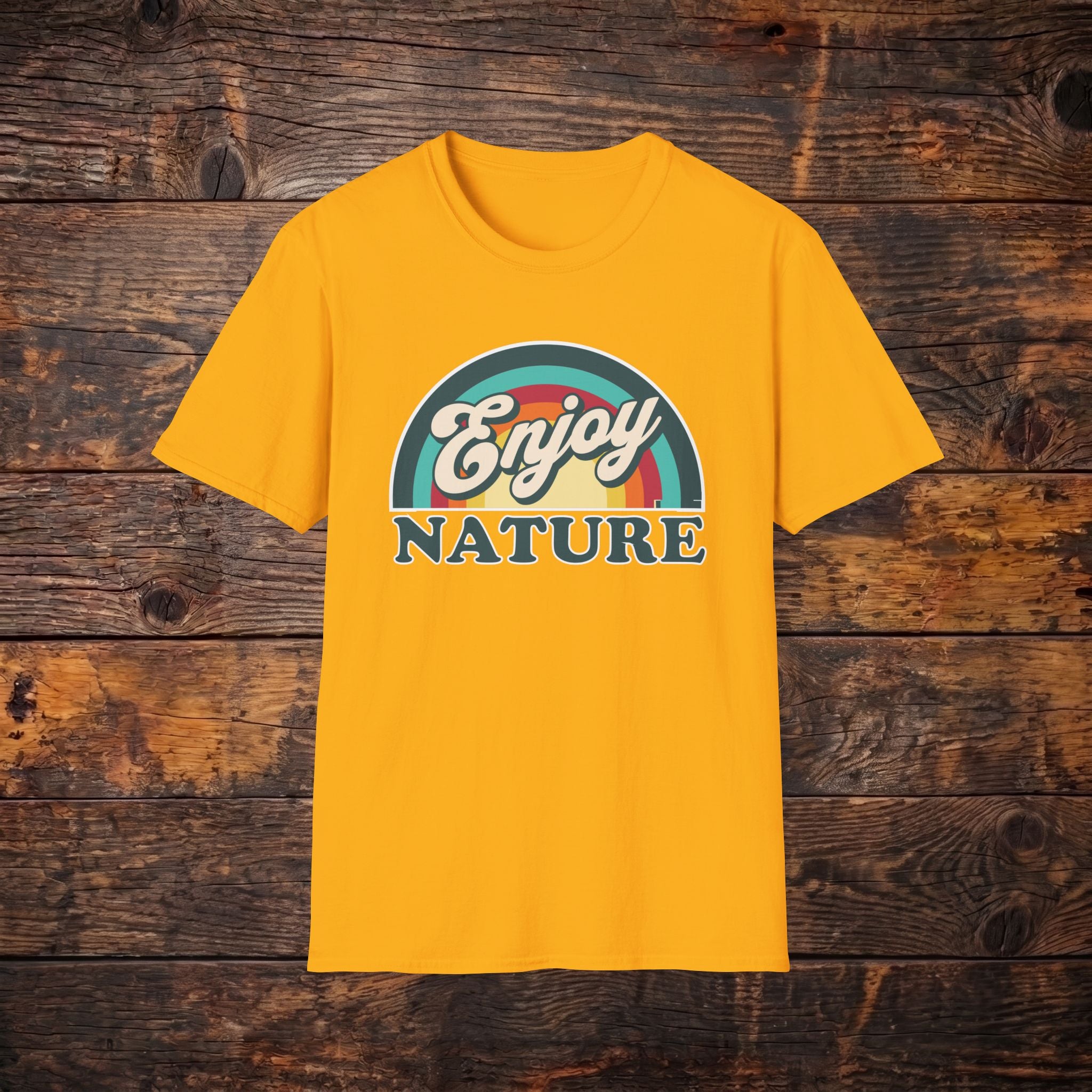 Enjoy Nature T-Shirt — Retro Rainbow Outdoor Graphic Tee