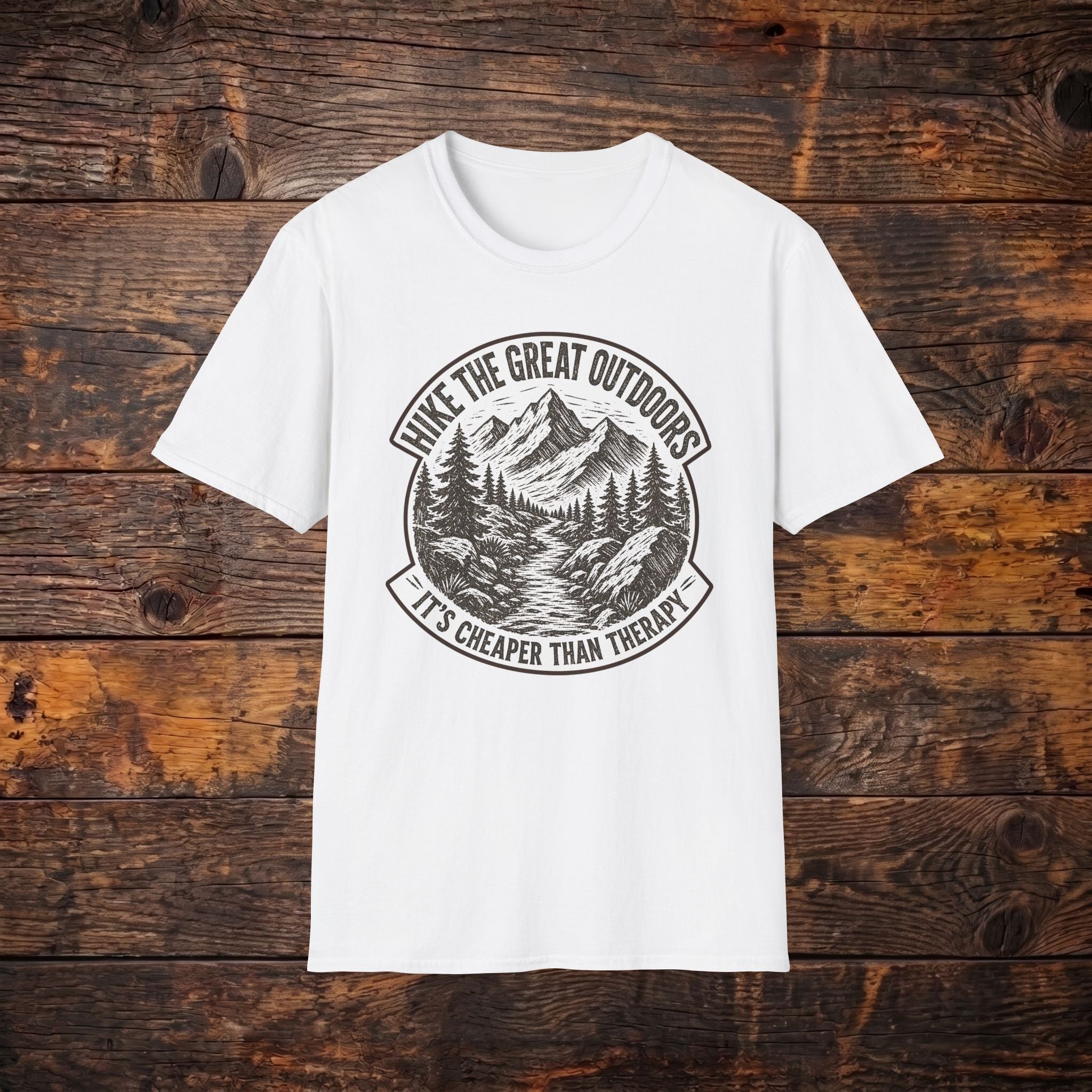 Hike the Great Outdoors T-Shirt — "Hike the Great Outdoors, It’s Cheaper Than Therapy" Mountain Tee