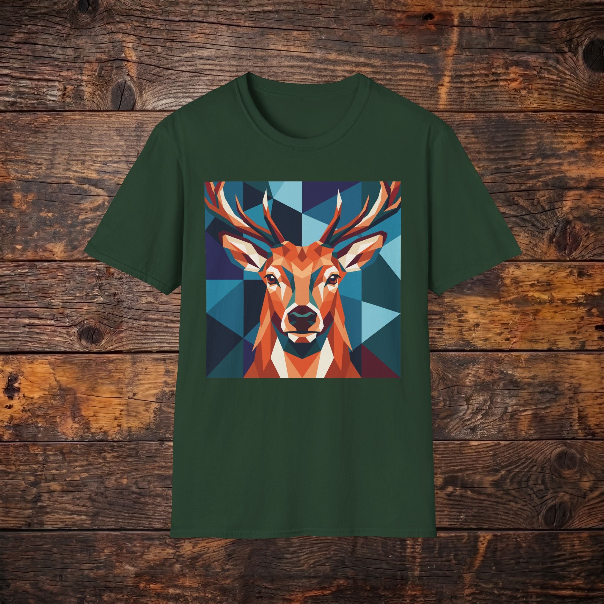 Geometric Stag T-Shirt — Colorful Polygon Deer Graphic Tee