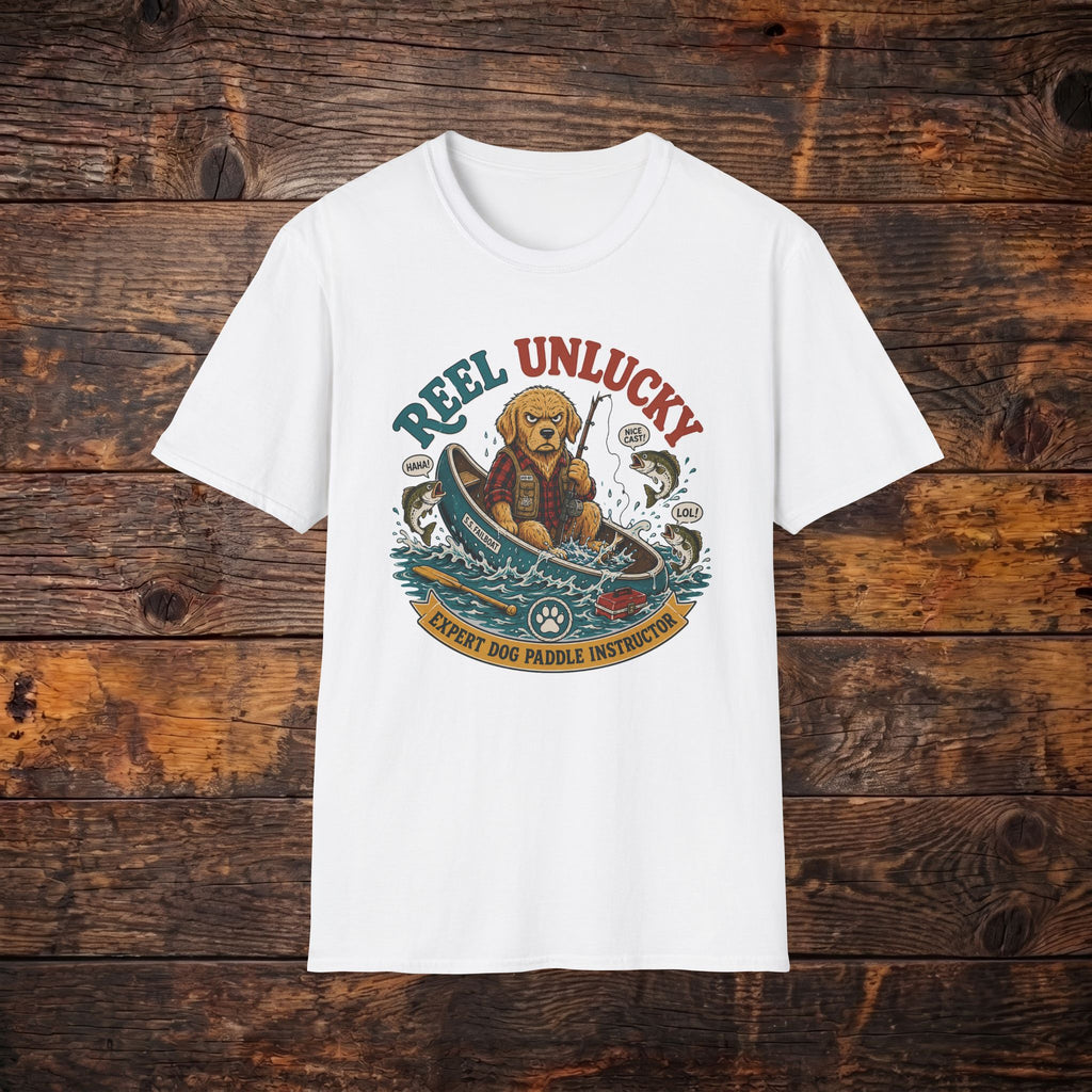 Reel Unlucky Fishing Tee — Funny Sad Dog Angler Graphic T-Shirt