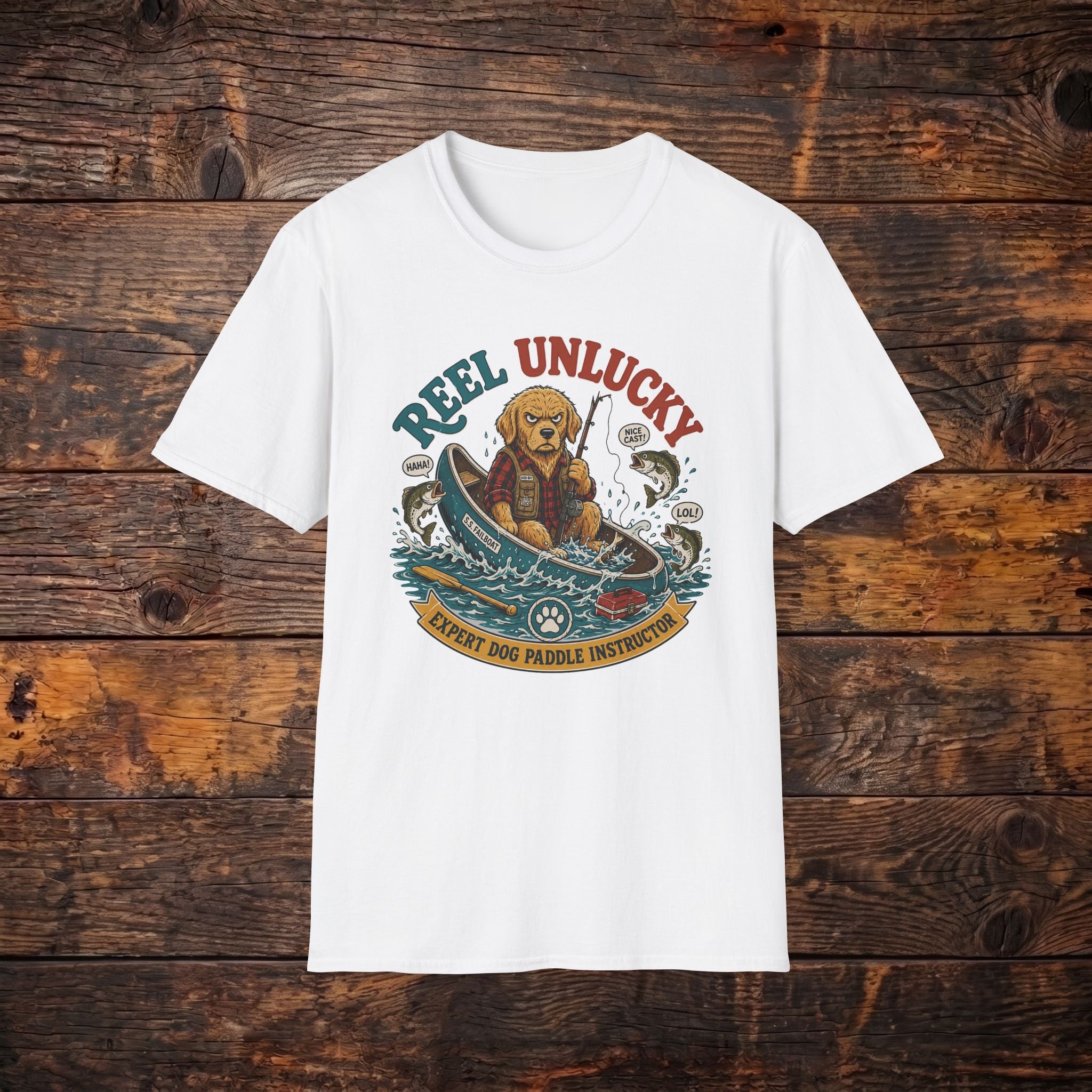 Reel Unlucky Fishing Tee — Funny Sad Dog Angler Graphic T-Shirt