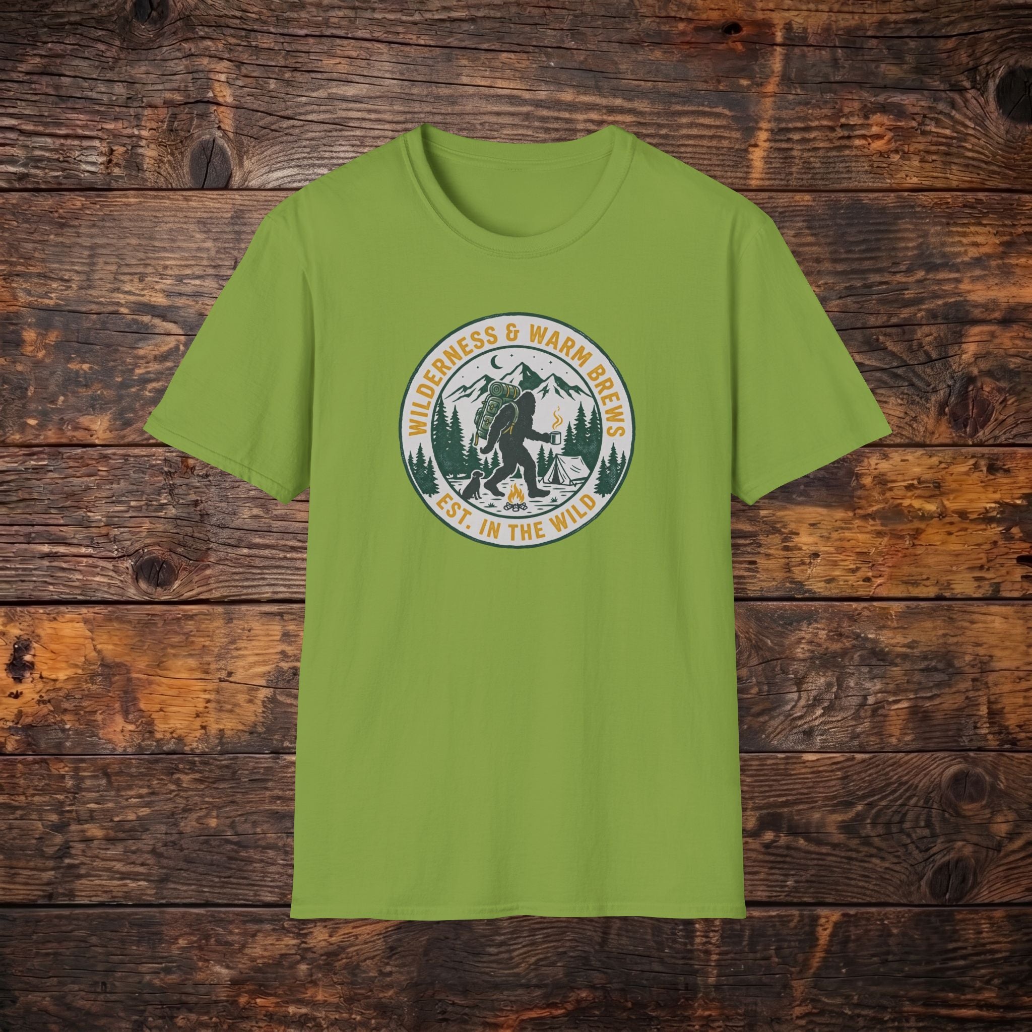 Camping Bear Badge T-Shirt — "Wilderness & Warm Brews" Outdoor Graphic Tee