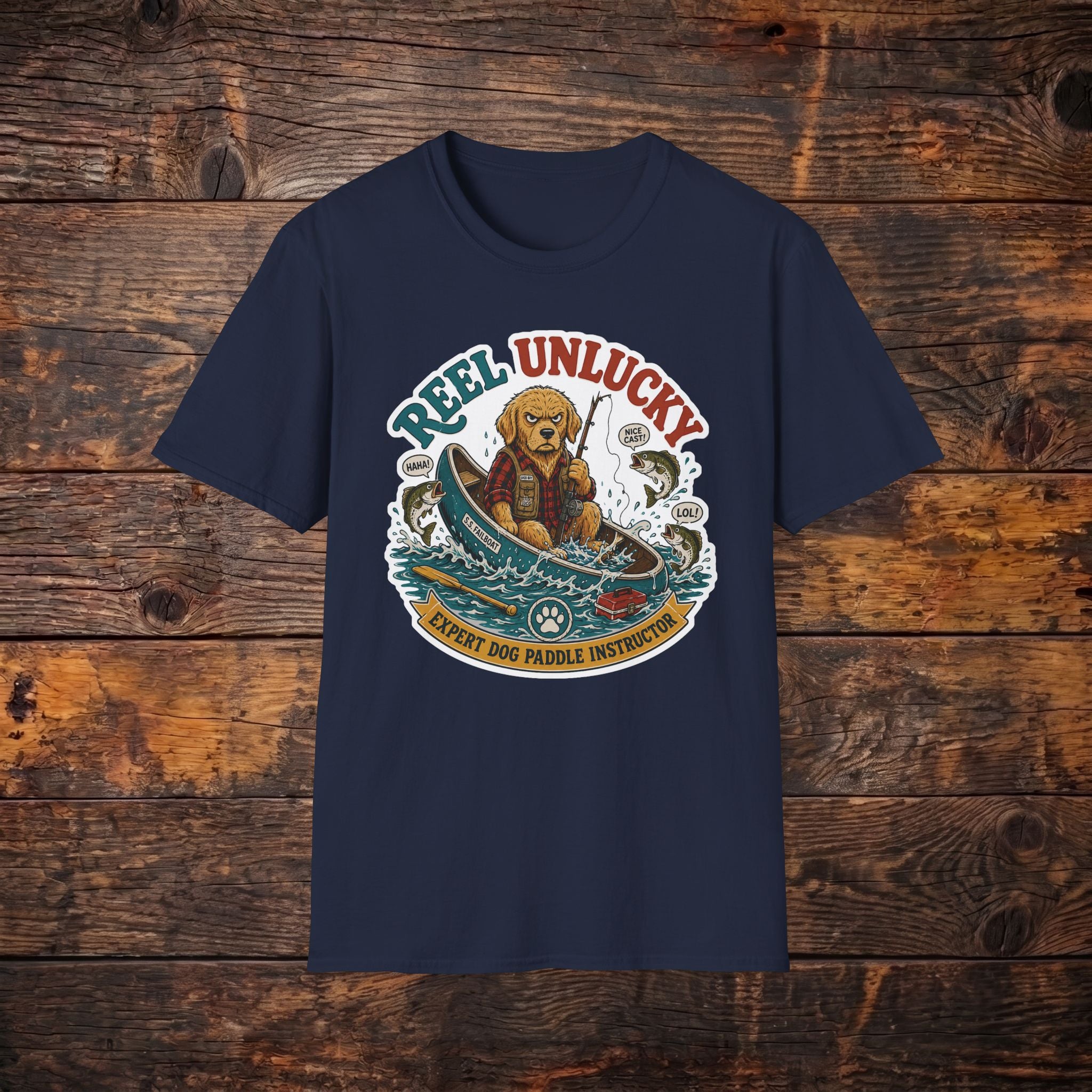 Reel Unlucky Fishing Tee — Funny Sad Dog Angler Graphic T-Shirt