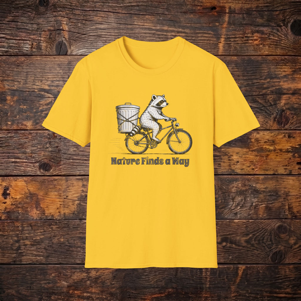 Raccoon on Bike T-Shirt — 'Nature Finds a Way' Graphic Tee