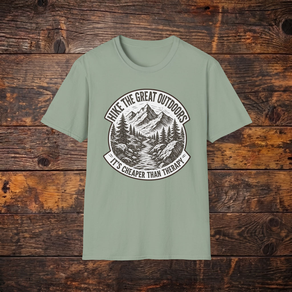Hike the Great Outdoors T-Shirt — "Hike the Great Outdoors, It’s Cheaper Than Therapy" Mountain Tee