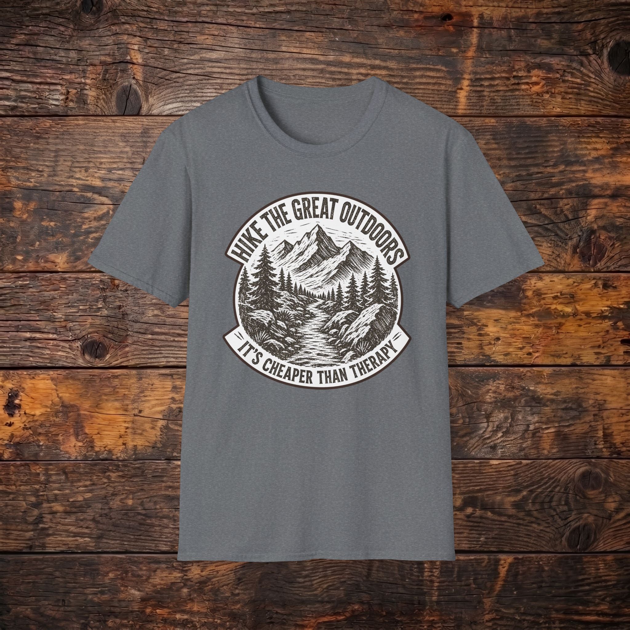 Hike the Great Outdoors T-Shirt — "Hike the Great Outdoors, It’s Cheaper Than Therapy" Mountain Tee