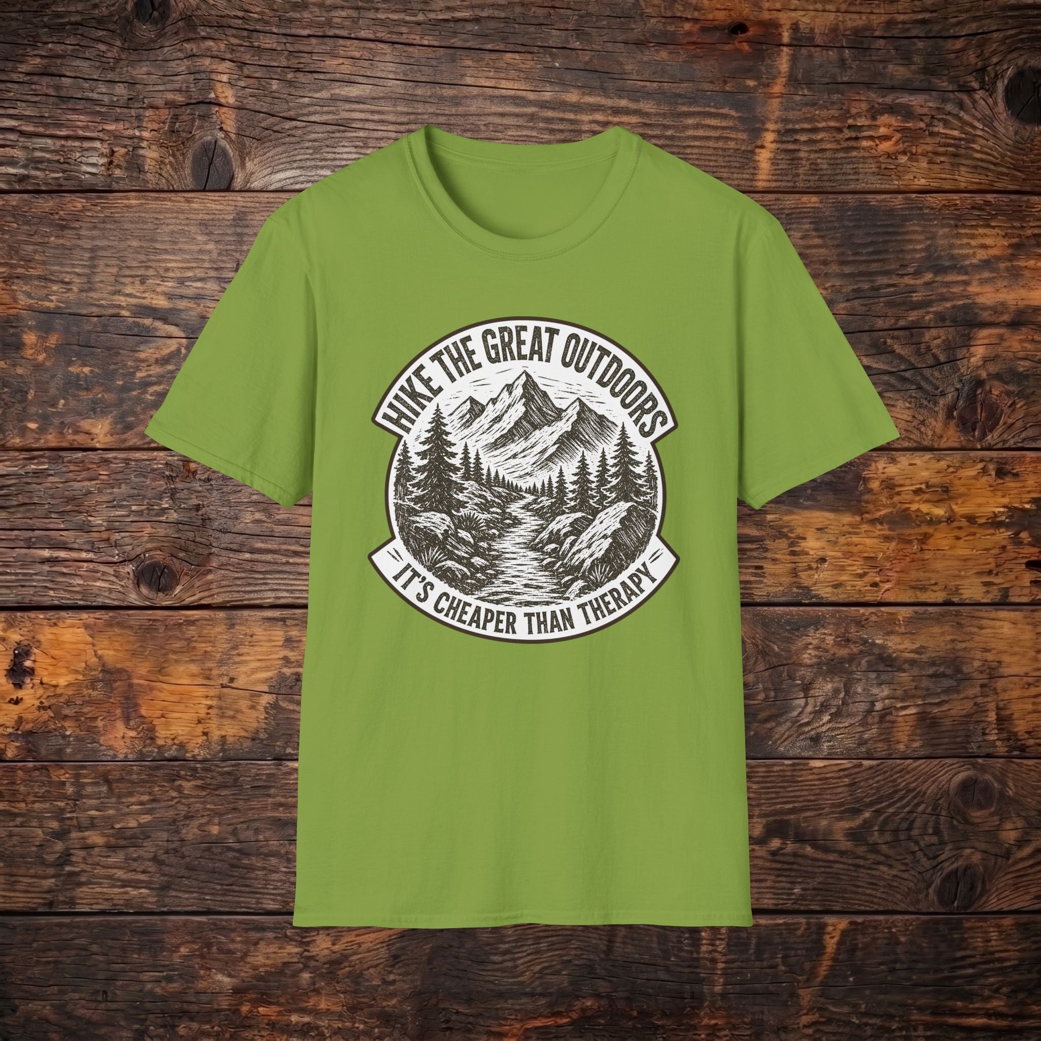 Hike the Great Outdoors T-Shirt — "Hike the Great Outdoors, It’s Cheaper Than Therapy" Mountain Tee