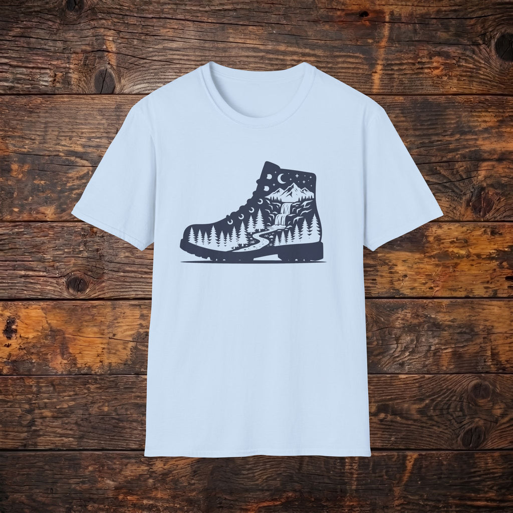 Hiking Boot Tee — Mountain Trail Nightscape Graphic T-Shirt