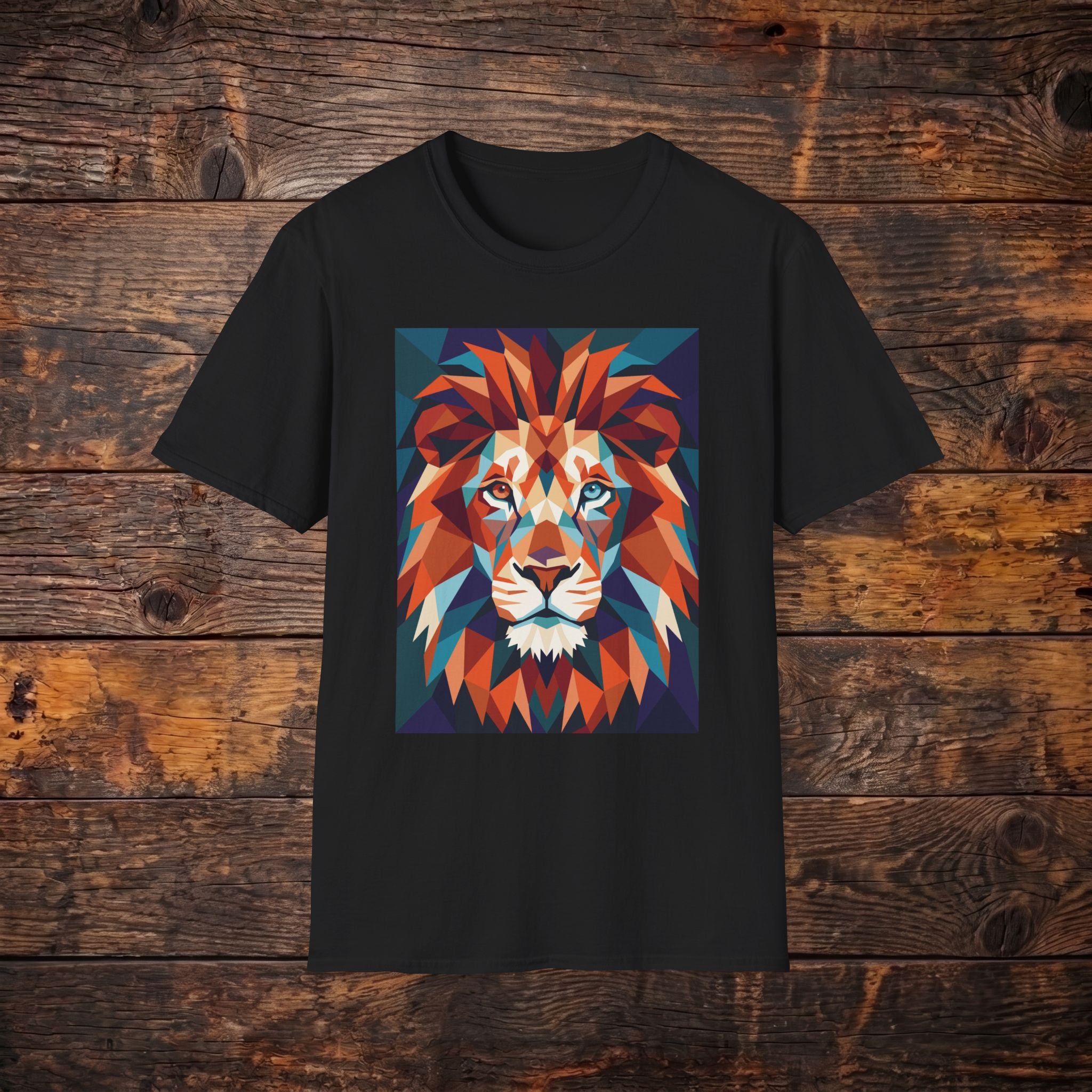 Geometric Lion Graphic T-Shirt — Vibrant Polygonal Lion Tee