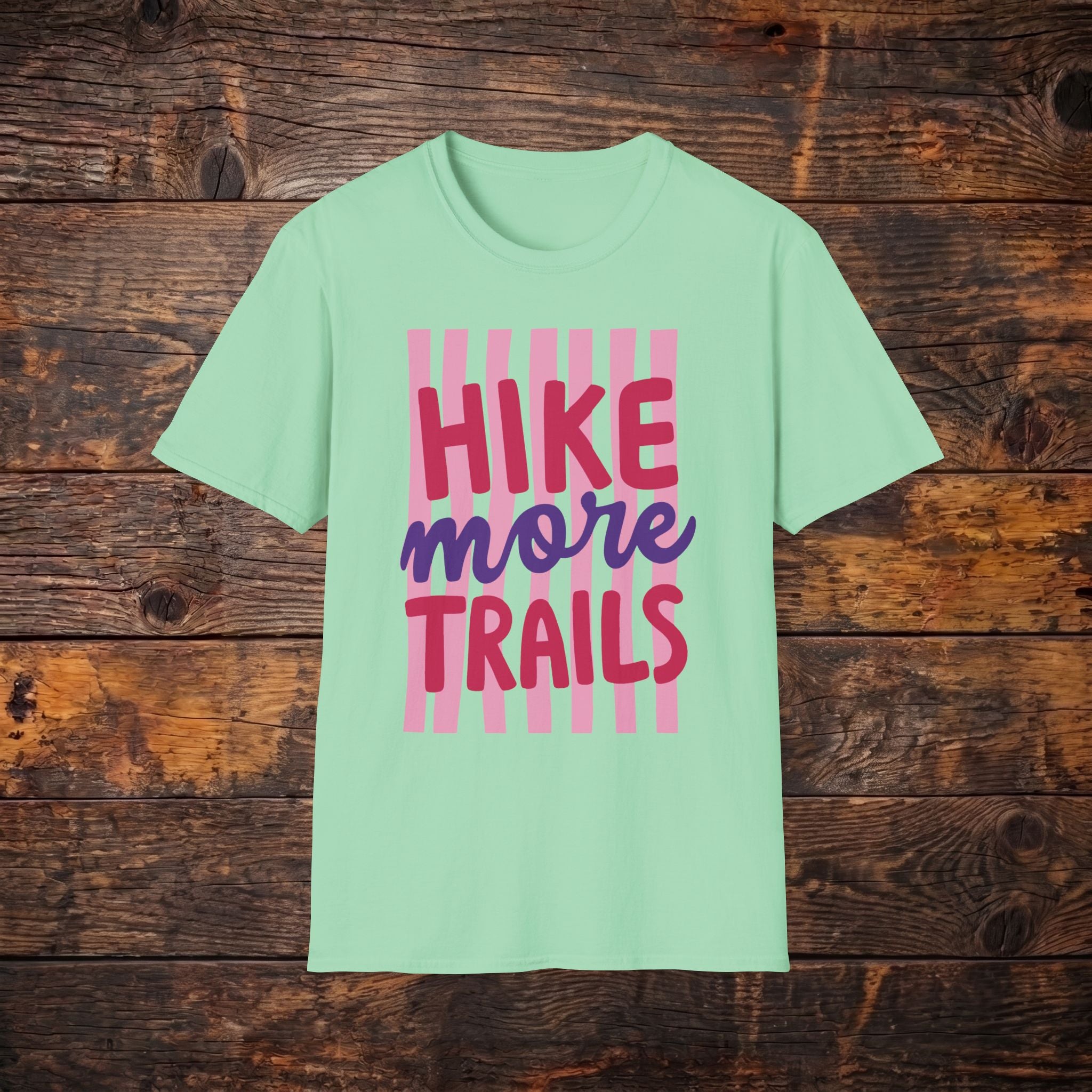 Hike More Trails T-Shirt — Retro Pink Stripe Hiking Tee