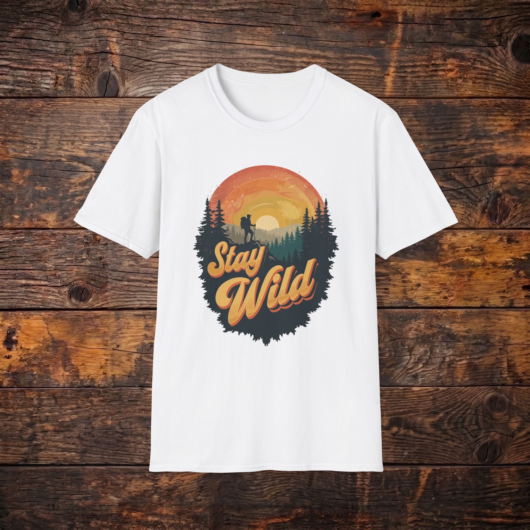 Stay Wild Graphic T-Shirt — Outdoor Adventure Sunset Design