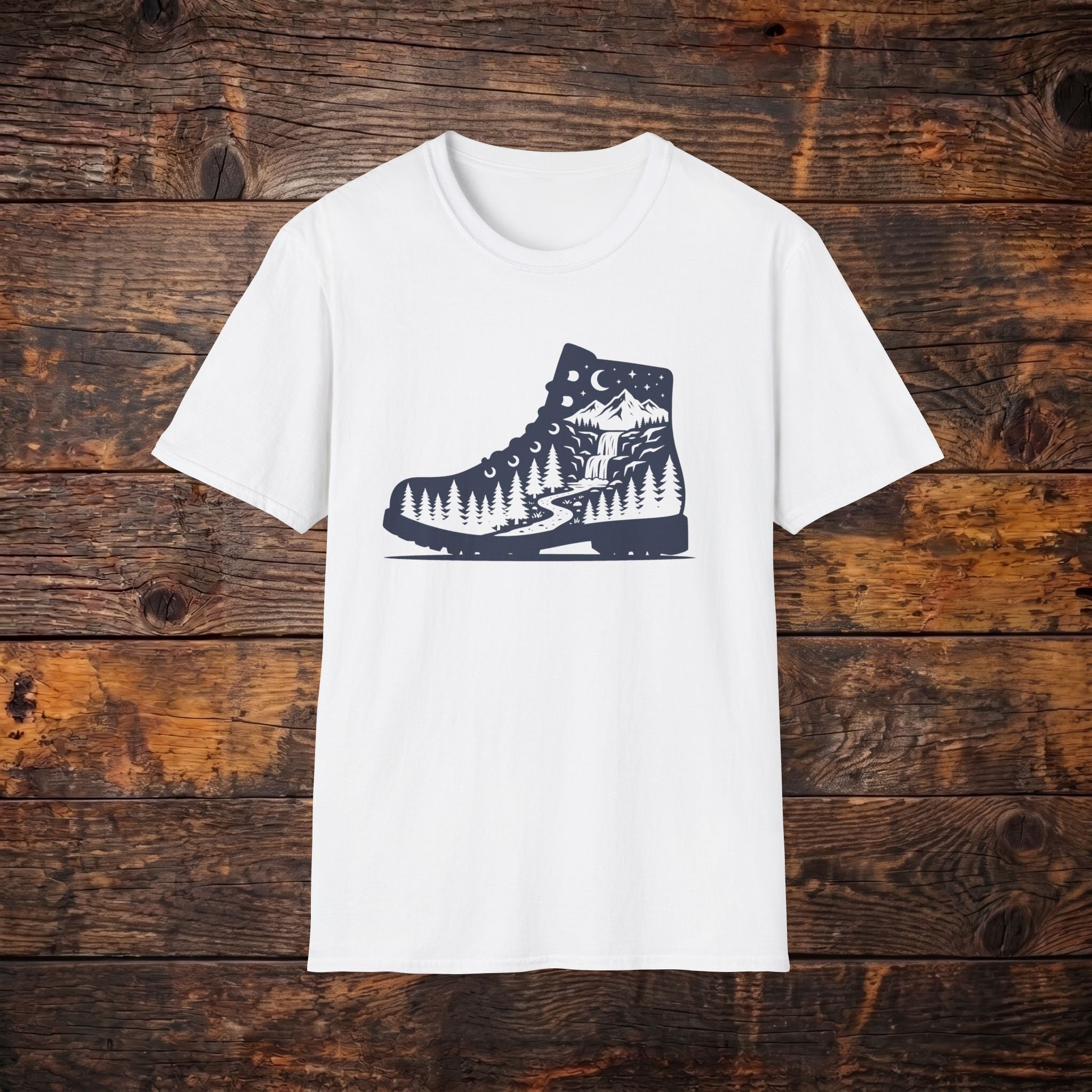 Hiking Boot Tee — Mountain Trail Nightscape Graphic T-Shirt