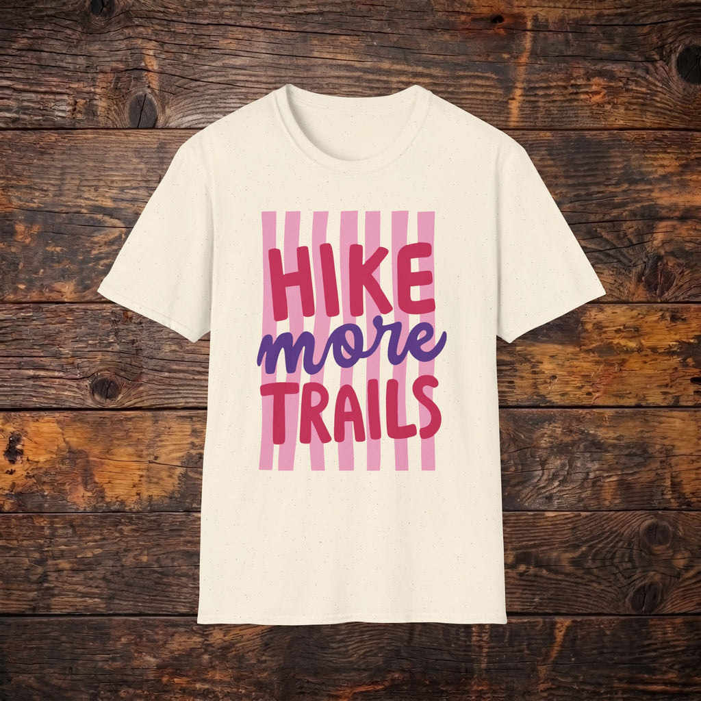 Hike More Trails T-Shirt — Retro Pink Stripe Hiking Tee