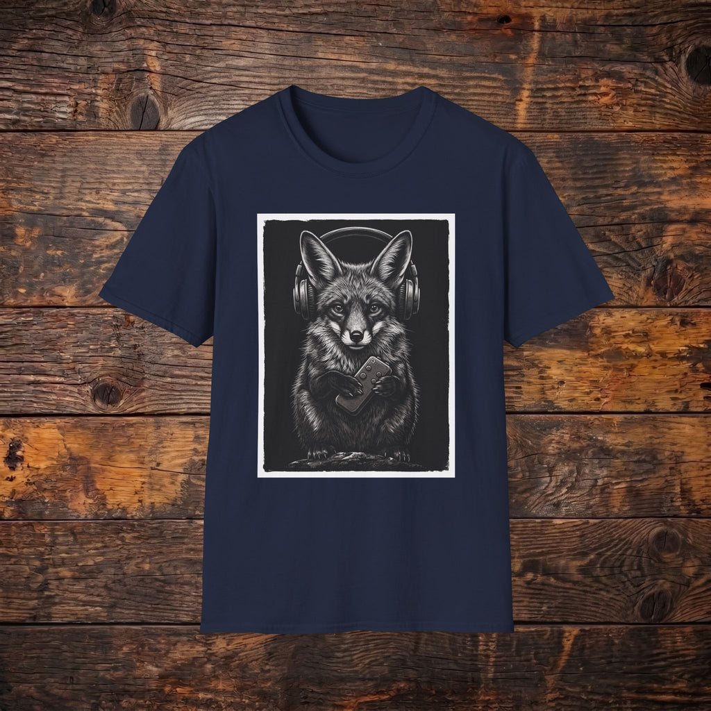 Fox with Headphones T‑Shirt — Noir Graphic Animal Music Tee
