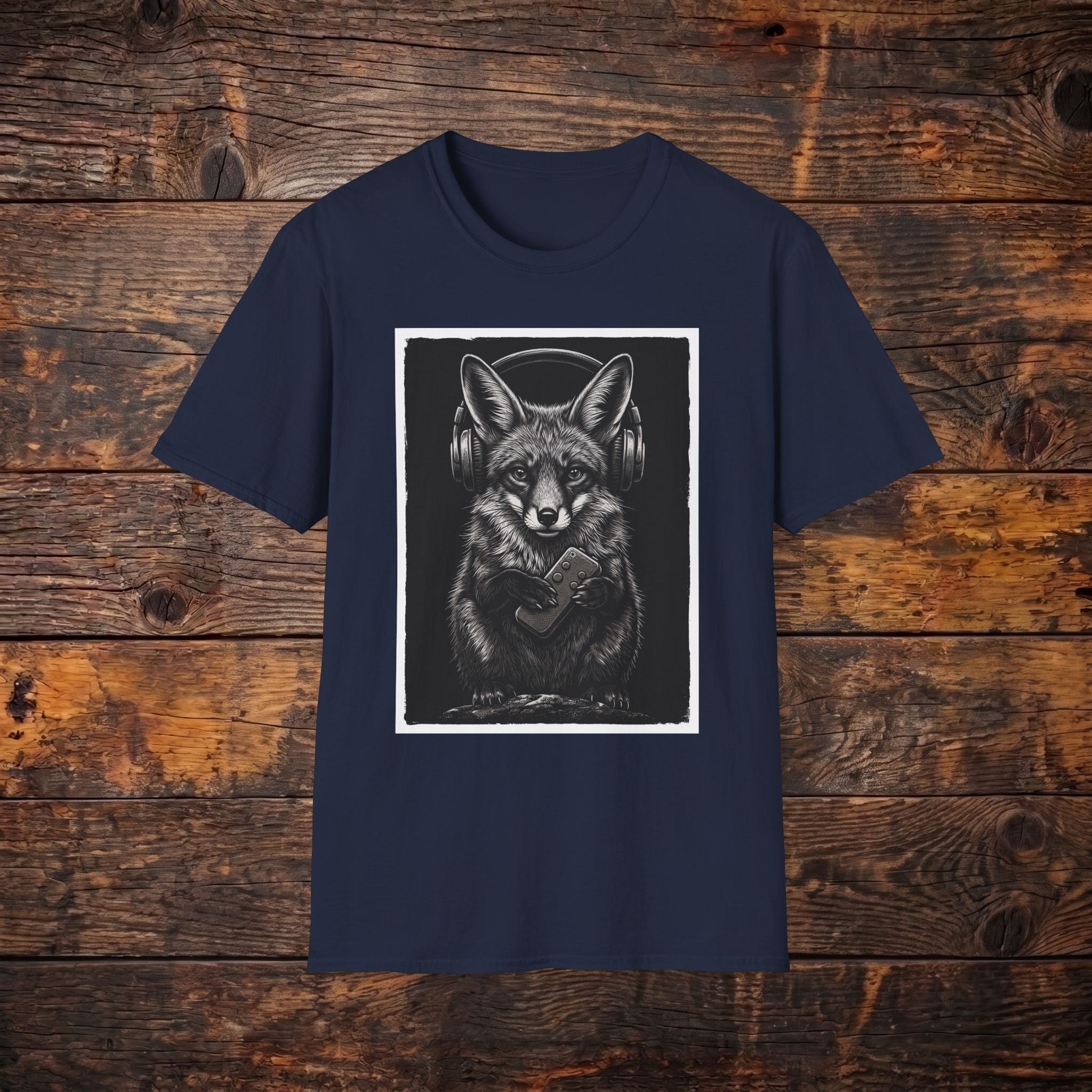 Fox with Headphones T‑Shirt — Noir Graphic Animal Music Tee