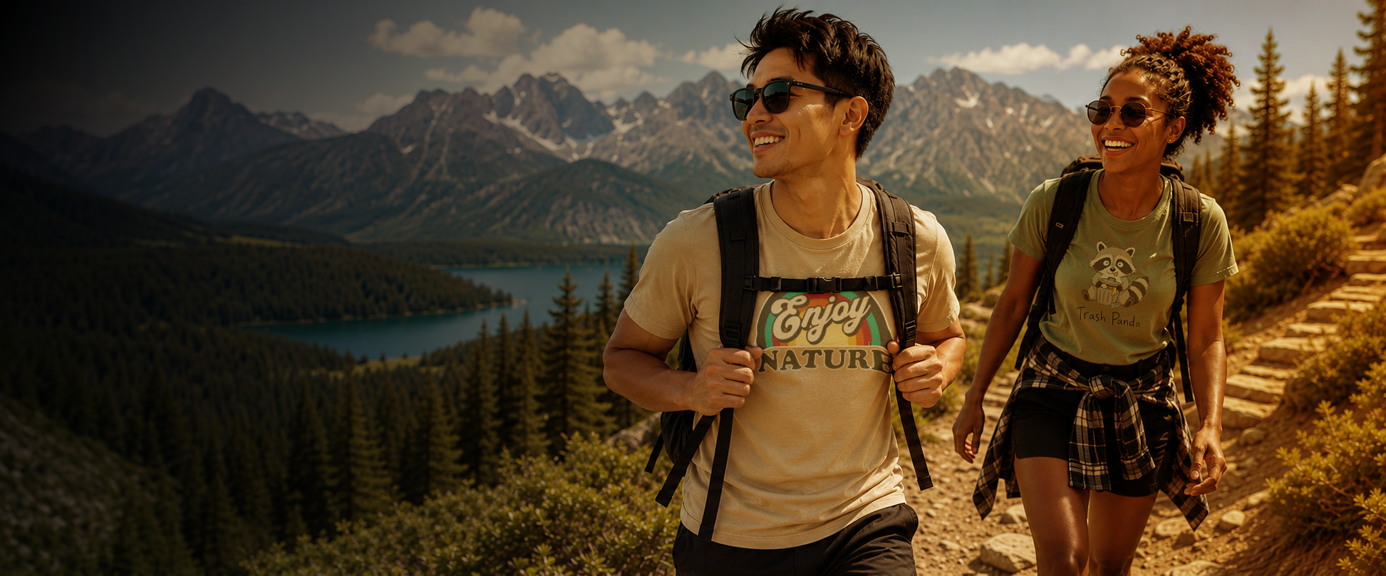 Two hikers walking on a mountain trail with a lake and rugged peaks in the background. The man wears a beige graphic T-shirt with 'Enjoy Nature' printed on the front, and the woman wears a green graphic T-shirt and plaid skirt.